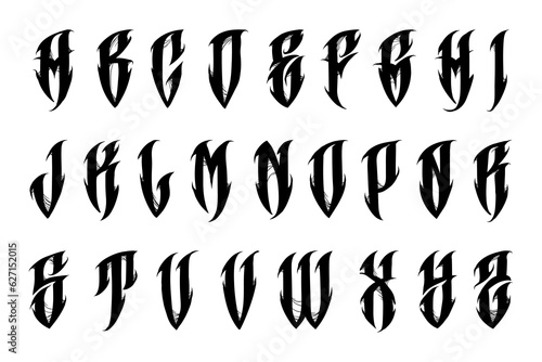 Alphabet in the tattoo gothic style. Trendy letters in Goth style. Illustration isolated on white background. Vector EPS 10