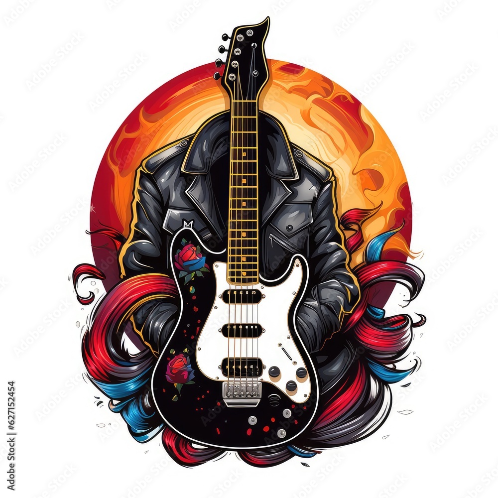 Rocknroll culture logo t shirt with guitars and skulls or goat gesture for punk and heavy metal community. AI Generative. Rocknroll culture logo t shirt with guitars and skulls or goat gesture for punk and heavy metal community. AI Generative.