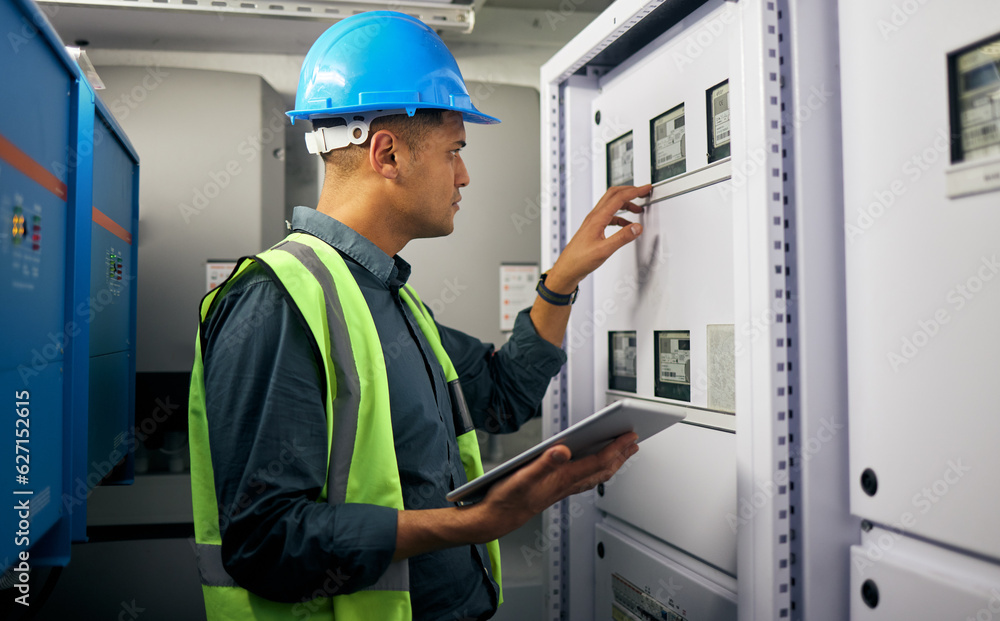 Technician, tablet and man, control room and inspection, maintenance check with power supply and engineering. Electricity, industrial and male electrician, digital assessment and quality assurance Technician, tablet and man, control room and inspection, maintenance check with power supply and engineering. Electricity, industrial and male electrician, digital assessment and quality assurance