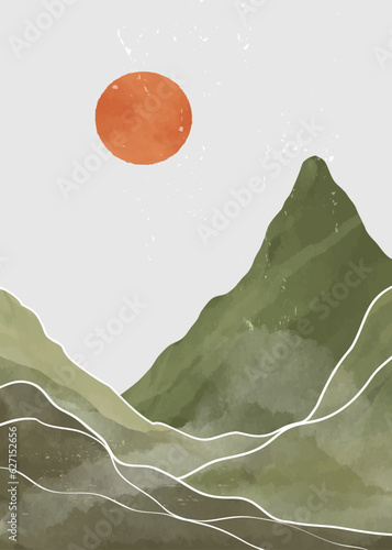 Mountain landscape illustration. Mid century modern art print. Abstract contemporary aesthetic backgrounds landscapes with mountains, sun and hills