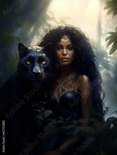 Regal Woman with Long Hair in Forest with Black Panther Companion Fantasy Portrait