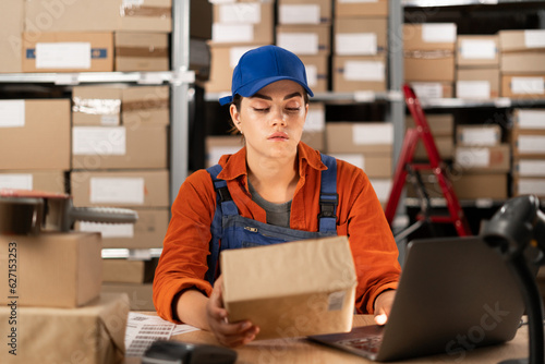 Female inventory manager writing in app on laptop. Woman working in a warehouse storeroom, packages ready for shipment.