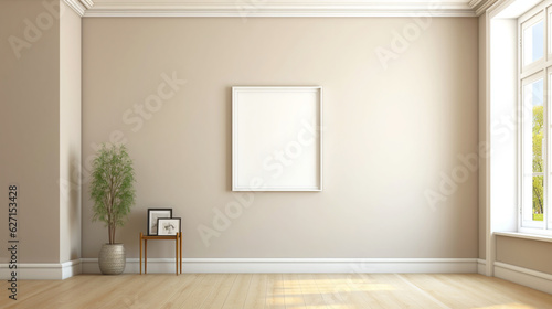 Blank picture frame mockup on beige wall. Copy space. Living room design. Home staging and minimalism concept. Generative AI 