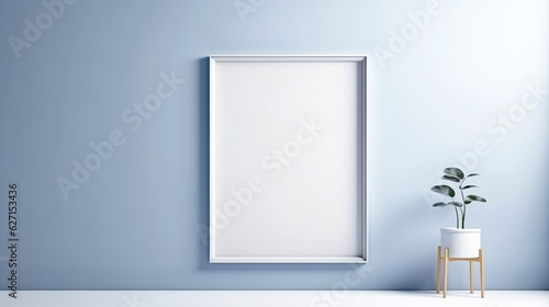 Blank picture frame mockup on blue pastel wall. Copy space. Living room design. Home staging and minimalism concept. Generative AI 