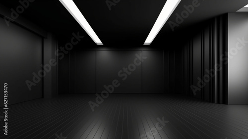 Interior modern classic empty room with black walls and floor. Minimalist design. Generative AI 