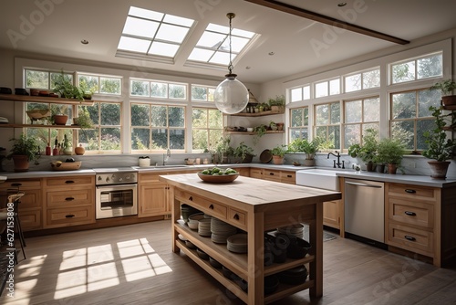 Beautiful kitchen in new traditional style luxury home, with large island, double ovens, cook top, and open concept floor plan. Generative AI