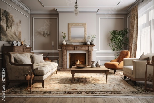 Wooden house in forest, Interior design of modern living room with wooden lining