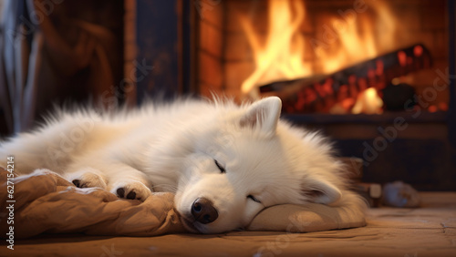 Samoyed peaceful sleeping with blurred fireplace as background