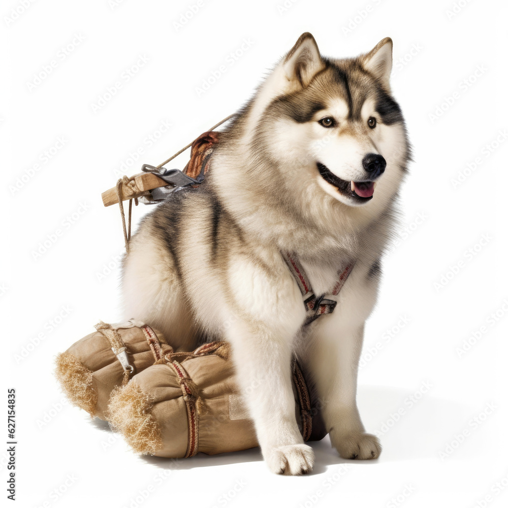 A Alaskan Malamute (Canis lupus familiaris) in an Eskimo's outfit, pulling a tiny sled.