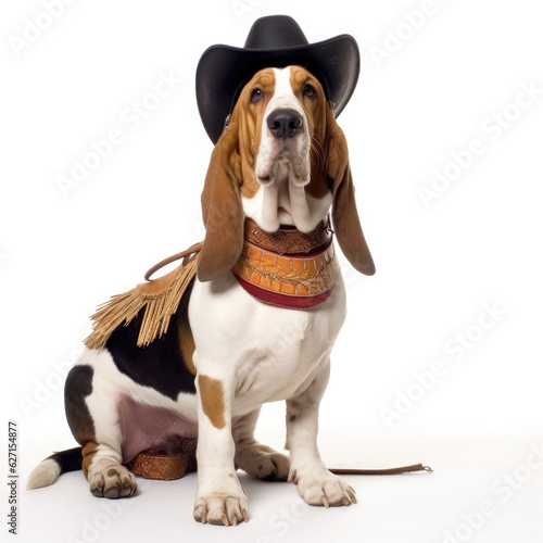 A Basset Hound (Canis lupus familiaris) in a cowboy outfit, riding a toy horse.