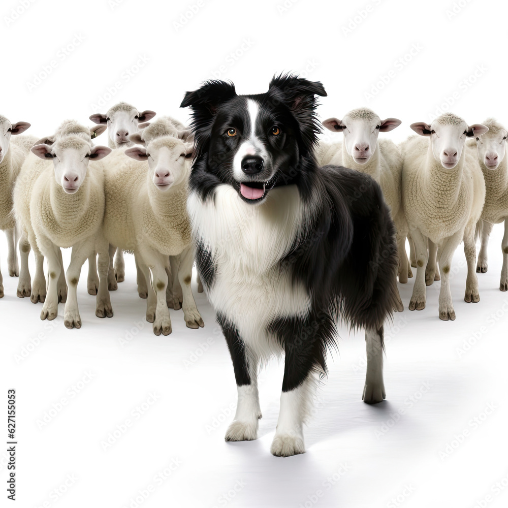 A Border Collie (Canis lupus familiaris) as a shepherd, herding toy sheep.