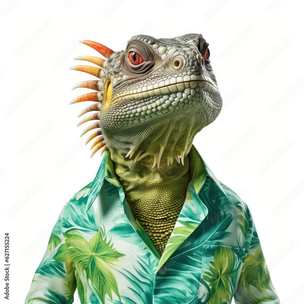 A Green Iguana (Iguana iguana) in a Hawaiian shirt. A Green Iguana (Iguana iguana) in a Hawaiian shirt.
