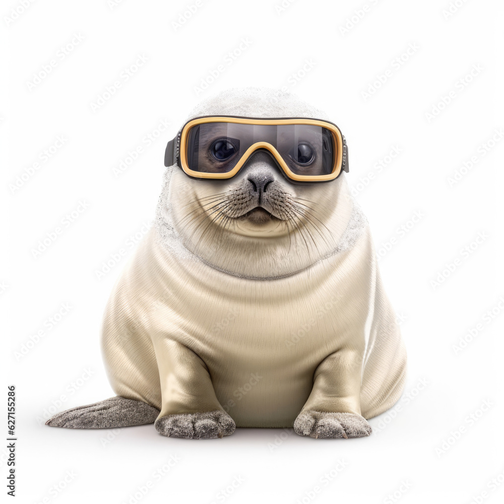 A Harp Seal (Pagophilus groenlandicus) with a snowboarding goggles and hat. A Harp Seal (Pagophilus groenlandicus) with a snowboarding goggles and hat.