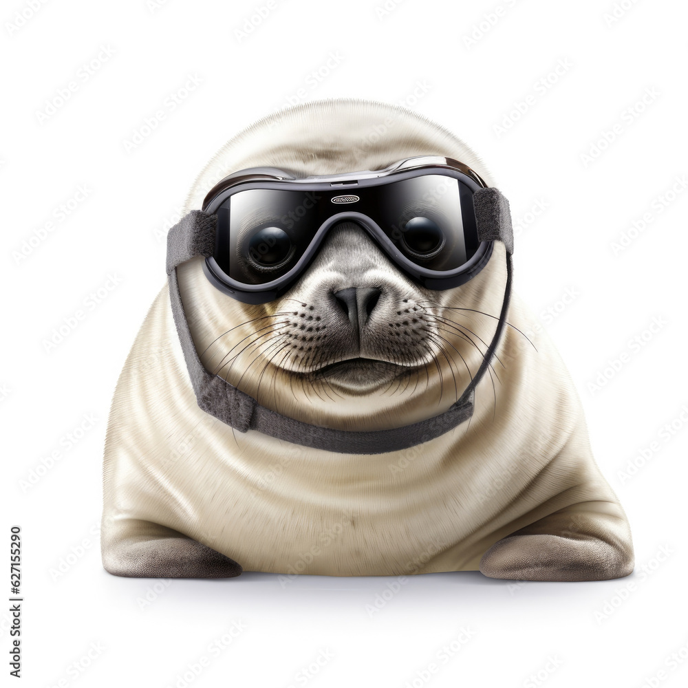 A Harp Seal (Pagophilus groenlandicus) with a snowboarding goggles and hat. A Harp Seal (Pagophilus groenlandicus) with a snowboarding goggles and hat.