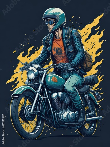 Illustration of a man riding a motorcycle with a helmet on created with Generative AI technology