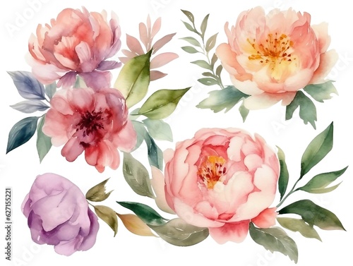 Collection of watercolor flower floral natural elements on transparent background