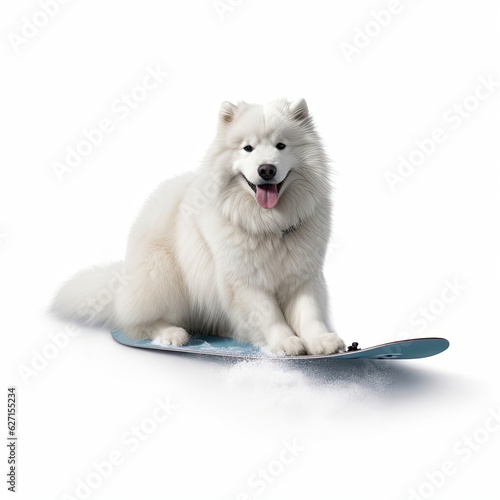 A Samoyed (Canis lupus familiaris) as a snowboarder, sliding down a tiny hill.