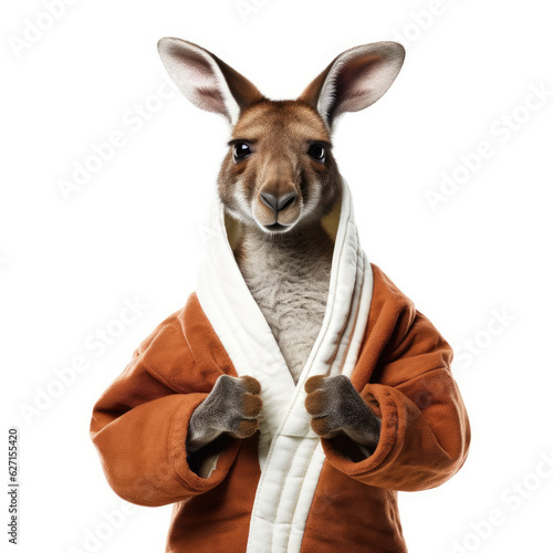 A Kangaroo (Macropus) in a boxer's robe and gloves.