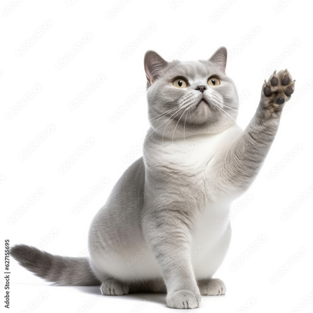 A British Shorthair Cat (Felis catus) as a queen, waving to an imaginary crowd. A British Shorthair Cat (Felis catus) as a queen, waving to an imaginary crowd.
