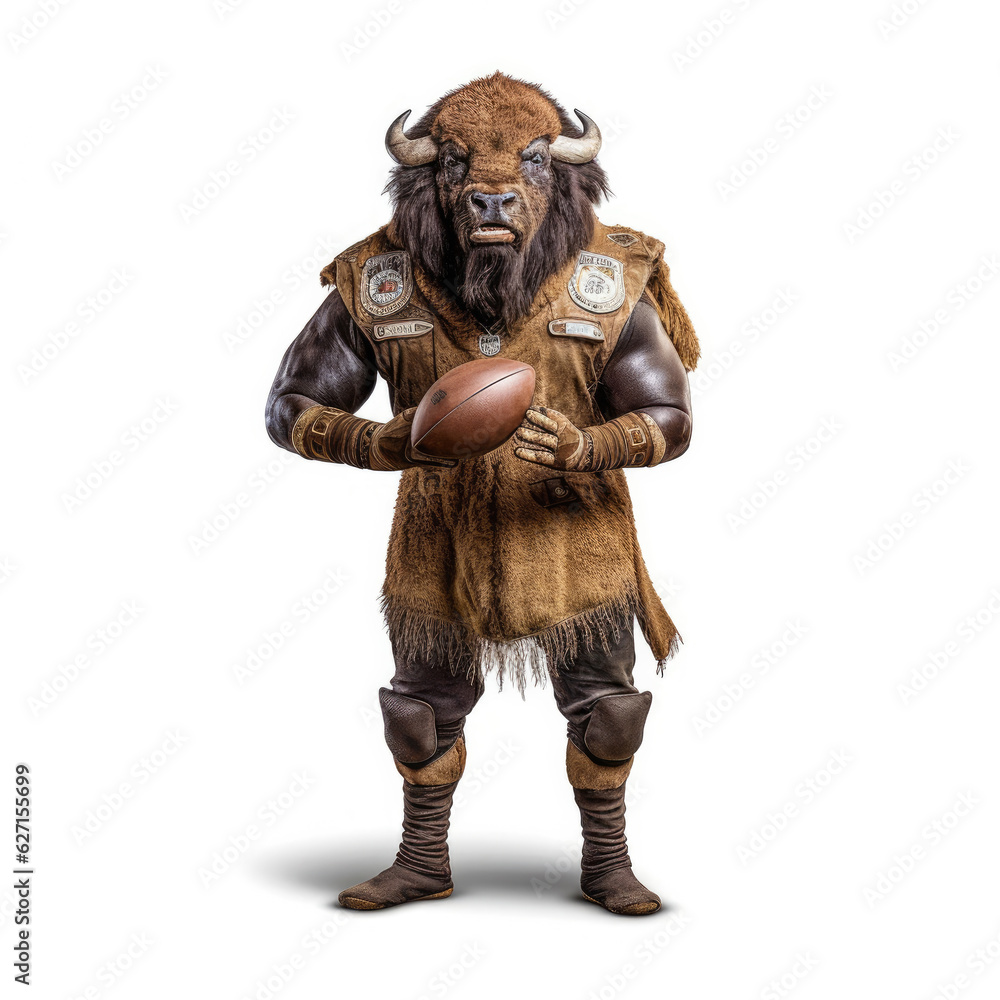 A American Bison (Bison bison) with a football player's outfit and ball. A American Bison (Bison bison) with a football player's outfit and ball.