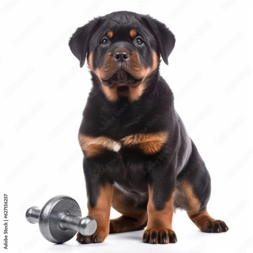 A Rottweiler (Canis lupus familiaris) as a bodybuilder, lifting a tiny dumbbell.