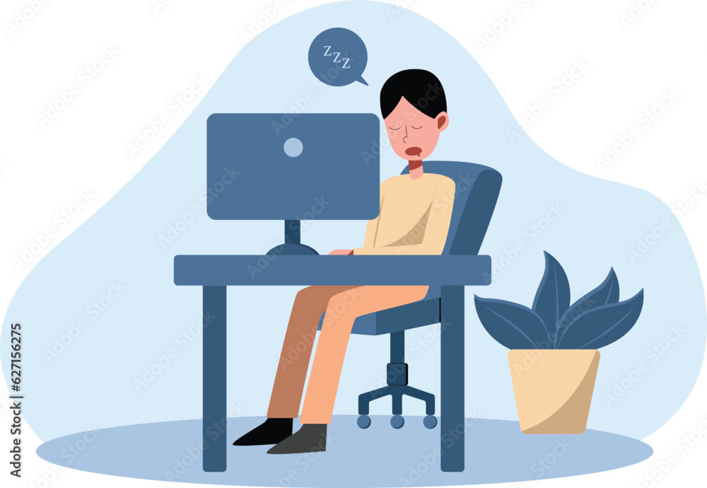 Businessman sitting at computer in office. Vector illustration in flat style Businessman sitting at computer in office. Vector illustration in flat style