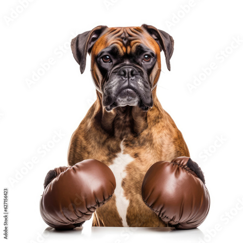A Boxer (Canis lupus familiaris) with boxing gloves around its neck.