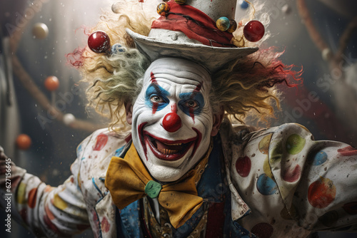 Fotografija Scary fat clown with rotten teeth, strange creepy man in jester costume and make
