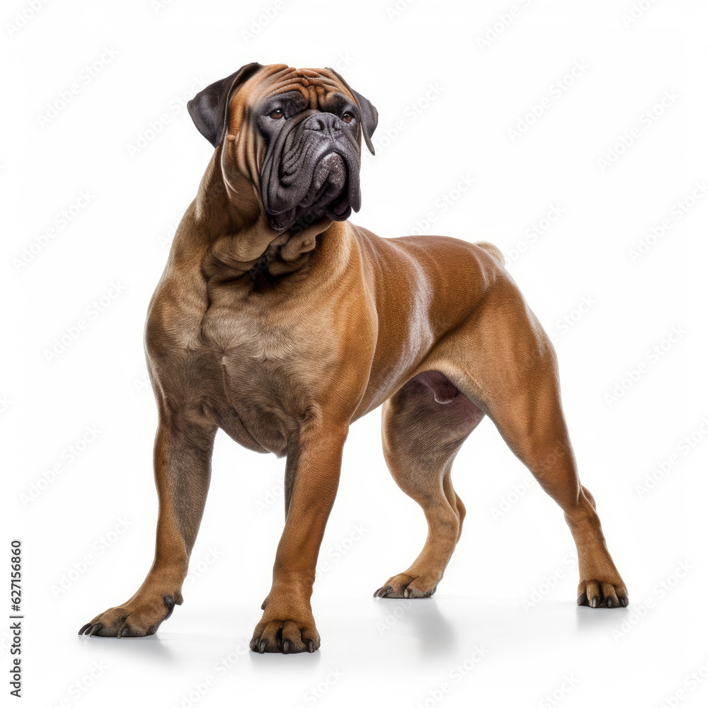 A Bullmastiff (Canis lupus familiaris) as a bodybuilder, flexing its tiny muscles.
