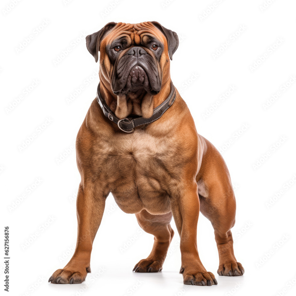 A Bullmastiff (Canis lupus familiaris) as a bodybuilder, flexing its tiny muscles.