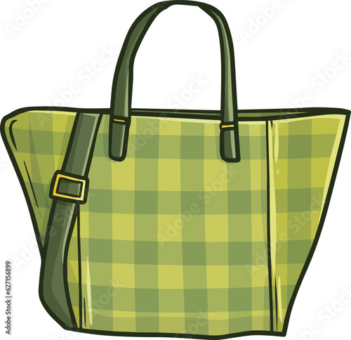 Elegant and modern green woman handbag with square pattern cartoon illustration