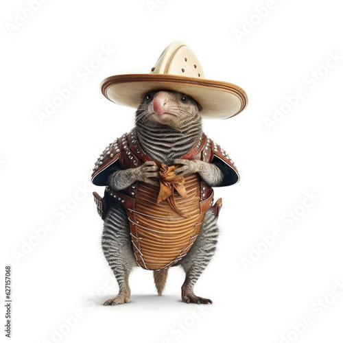 A Armadillo (Dasypodidae) with a cowboy outfit and lasso.