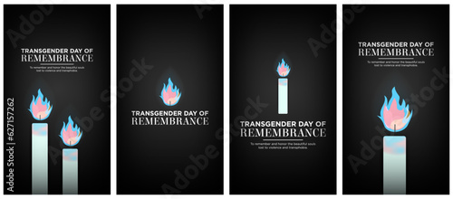 Set of Transgender Day of Remembrance Social Media Story Designs. Transgender Day of Remembrance Greeting Card Posters with burning candles using trans pride colors on dark background. Vector. EPS 10