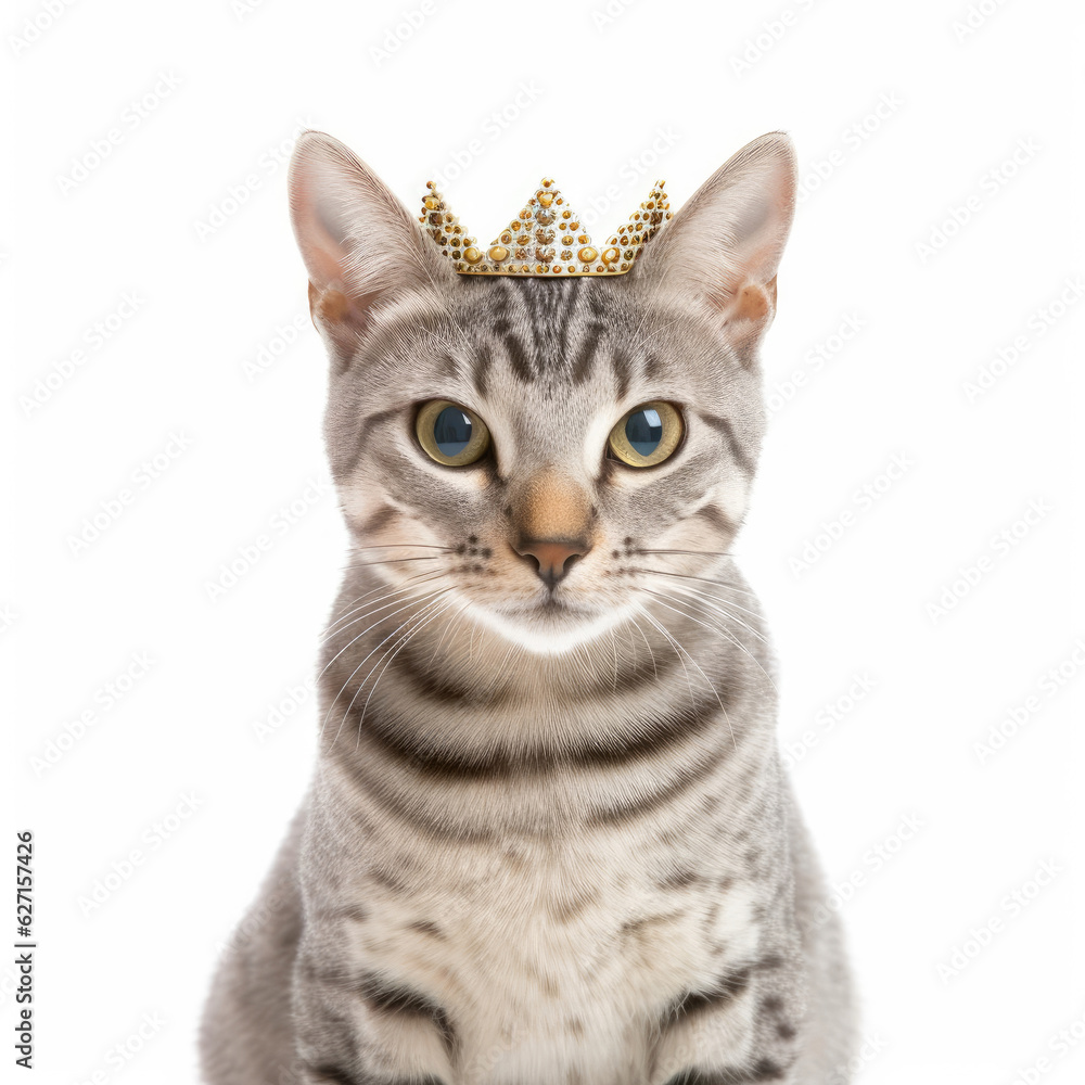 A Egyptian Mau (Felis catus) as a pharaoh, wearing a tiny golden crown.