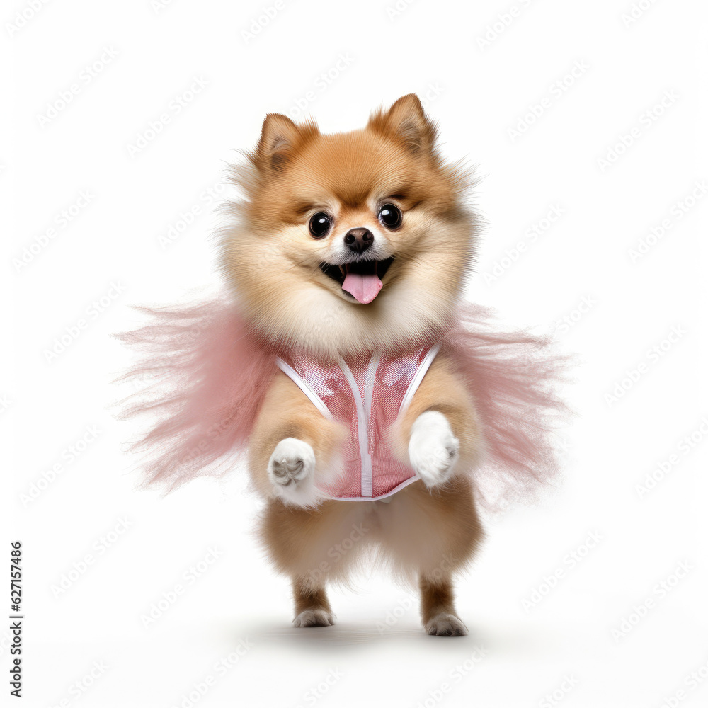 A Pomeranian (Canis lupus familiaris) in a cheerleader's outfit, doing a high kick.