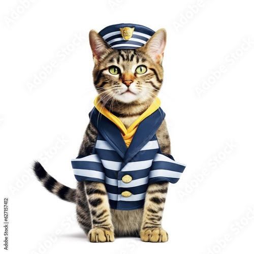 A Singapura Cat (Felis catus) in a sailor's outfit, steering a tiny boat.