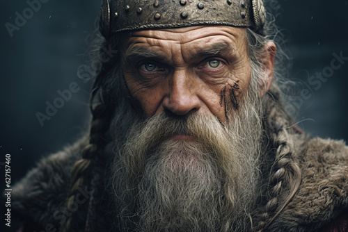 Portrait of an old gray-haired barbarian warrior with bloody wound on his face looking at camera, outdoors © Sergio