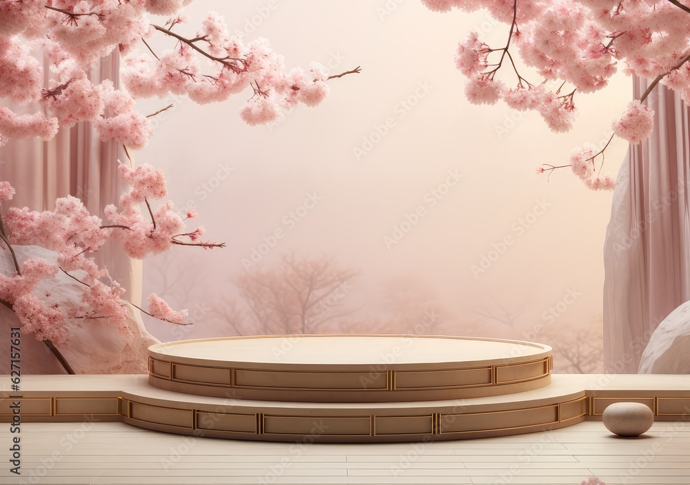 Realistic 3D render blank empty pastel pink podium with cherry blossom flower bouquet and blowing white curtain. Beauty products display, Backdrop. AI Generative