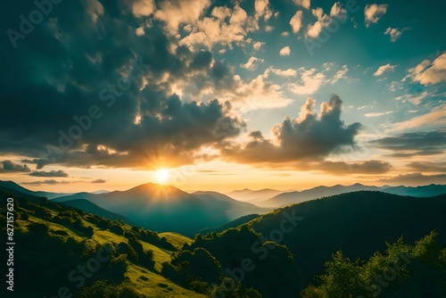 Beautiful Sunrise Over the Green Mountains in Morning Light with fluffy clouds on a bright blue sky. Nature freshness concept | Generative AI