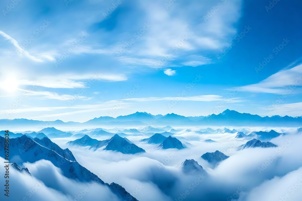 Blue sky background and white clouds soft focus and mountain, Copy space horizontal shape | Generative AI