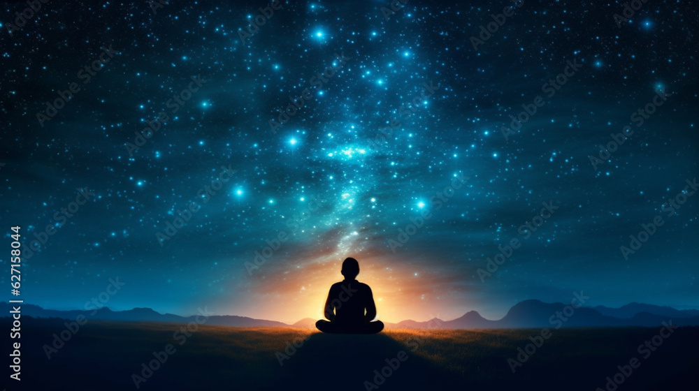 a scene that represents the attainment of a higher state of consciousness. The image is of a person meditating under a vast, star-filled sky. The person is seated in a lotus position,
