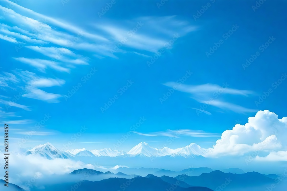 Blue sky background and white clouds soft focus and mountain, Copy space horizontal shape | Generative AI