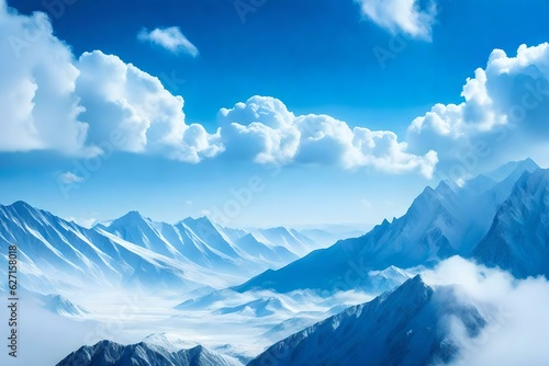 Blue sky background and white clouds soft focus and mountain  Copy space horizontal shape   Generative AI