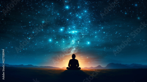 a scene that represents the attainment of a higher state of consciousness. The image is of a person meditating under a vast, star-filled sky. The person is seated in a lotus position,