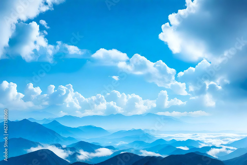 Blue sky background and white clouds soft focus and mountain, Copy space horizontal shape | Generative AI