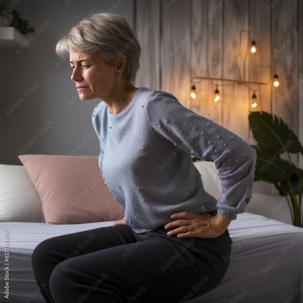 A middle aged woman sitting on bed with stomach ache irritable bowel syndrome Abdominal pain in