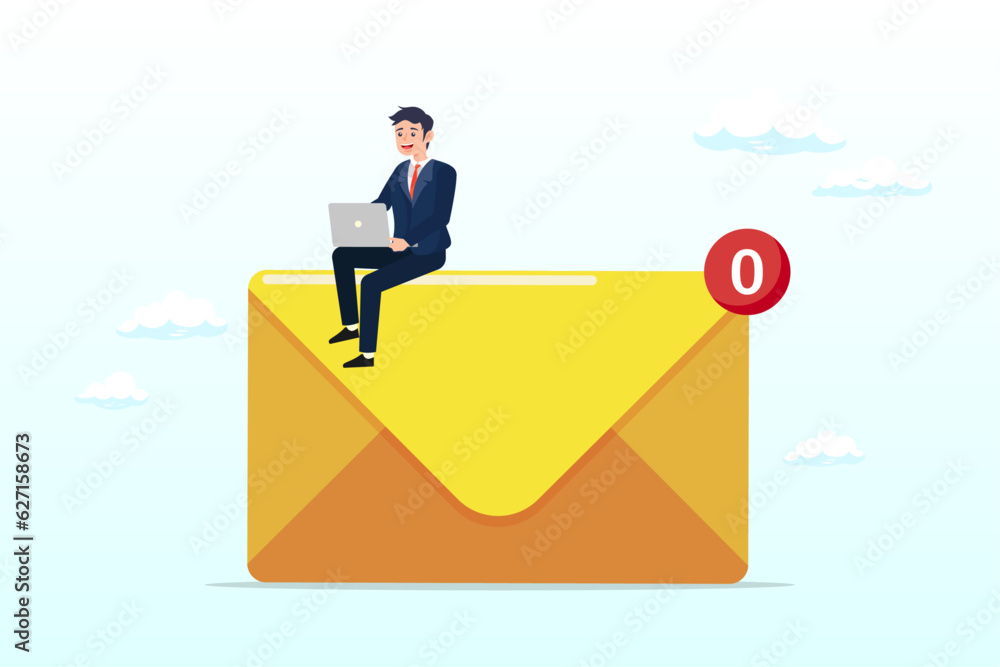 Businessman work with computer laptop on email envelope, email management, handle many emails or manage to reply all emails, efficiency or productive way, prioritize or categorize information (Vector) Businessman work with computer laptop on email envelope, email management, handle many emails or manage to reply all emails, efficiency or productive way, prioritize or categorize information (Vector)