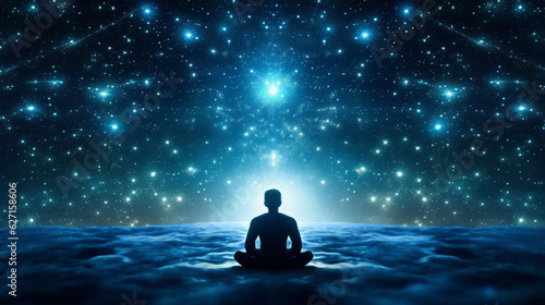 a scene that shows how you can reach a higher level of awareness. The picture shows a guy taking it easy under a starry sky. The person is sitting in the lotus pose with their eyes closed 