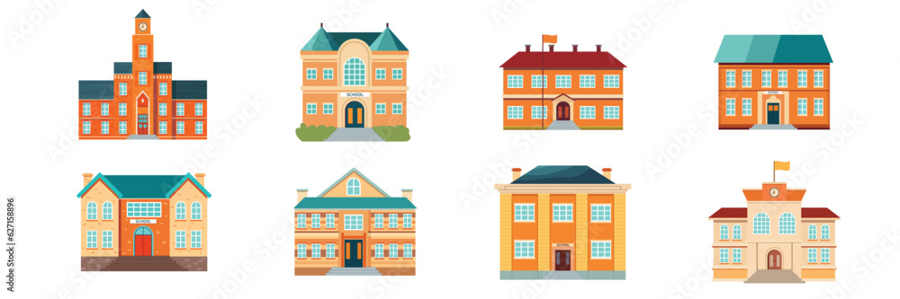 School Building collection. Flat vector illustration. Set of building elements. City buildings exterior collection. Vector illustrations isolated on white background.