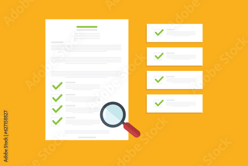 Document, contract review, analysis, inspection of agreement contract, compliance verification. Vector illustration	
